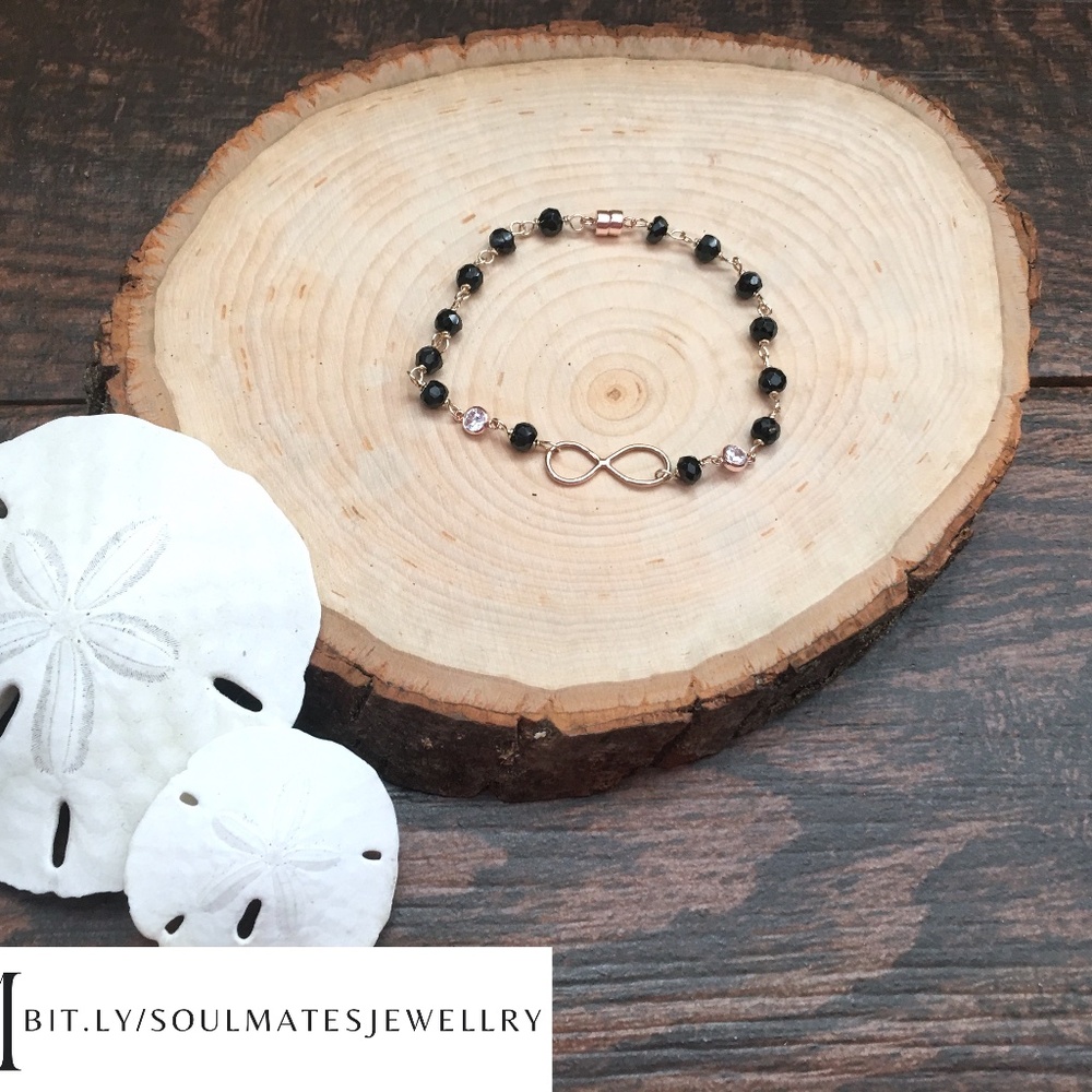 Rose gold bracelet infinity bracelet. Black spinel dainty gold bracelet